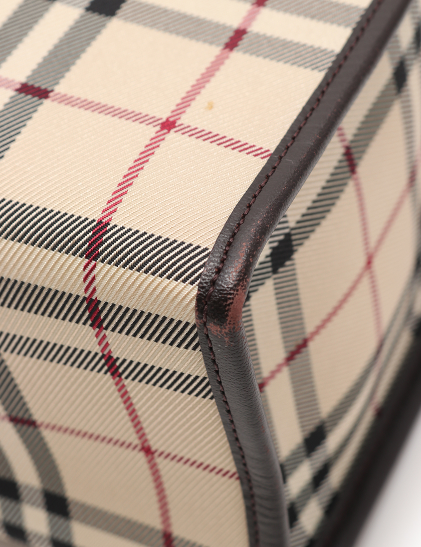 バーバリー(BURBERRY)ハンドバッグ|チェック柄|ナイロンキャンバス|レザー|ベージュ|ダークブラウン|赤|ハイブランド・ブランド専門の中古通販サイト(272399)