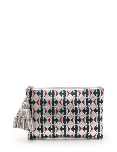 ANYA HINDMARCH・バッグ・Georgiana Carrefour クラッチバッグ ゴートレザー シルバー ネイビー 赤 タッセル