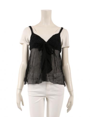 CHANEL シャネル プリーツ リボン シルク キャミソール トップス 36 シャネル CHANEL 05C キャミソール ツイード 切替 リボン シルク