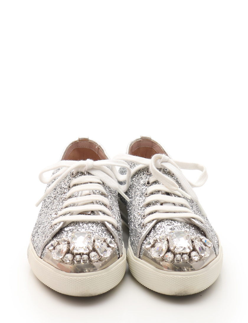 ミュウミュウ Miu Miu レースアップスニーカー グリッターラメ シルバー ハイブランド ブランド専門の中古通販サイト