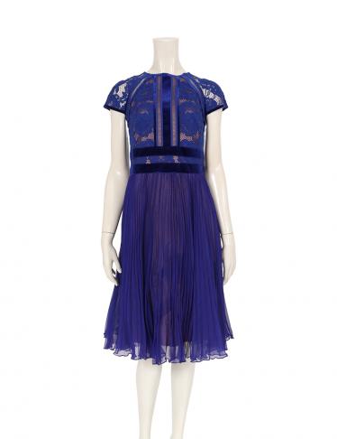 タダシショージ(TADASHI SHOJI)プリーツ|シフォンワンピース|ネイビー|青|ベロア|レース切替|ハイブランド・ブランド専門の中古通販サイト(357427)