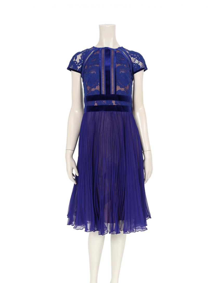 タダシショージ Tadashi Shoji プリーツ シフォンワンピース ネイビー 青 ベロア レース切替 ハイブランド ブランド専門の中古通販サイト