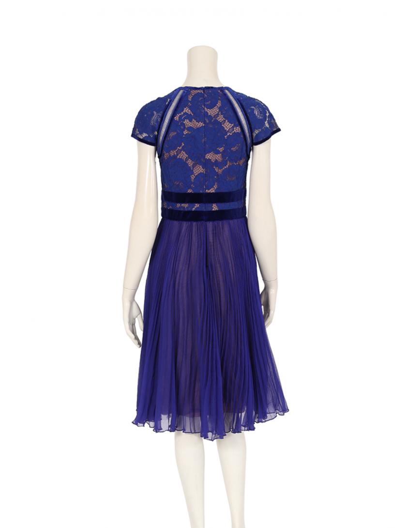 タダシショージ Tadashi Shoji プリーツ シフォンワンピース ネイビー 青 ベロア レース切替 ハイブランド ブランド専門の中古通販サイト